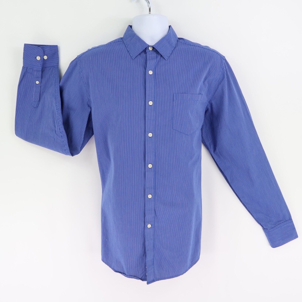 Claiborne Dress Shirt Mens Size L Blue Striped 100% Cotton Point Collar Pocket